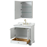 Deborah 36 Inch Single Bathroom Vanity in White, White Carrara Marble Countertop, Undermount Square Sink, Brushed Gold Trim, Medicine Cabinet