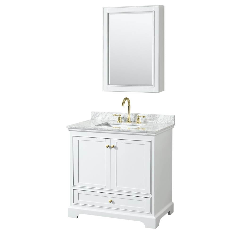 Wyndham Collection - Deborah 36 Inch Single Bathroom Vanity in White, White Carrara Marble Countertop, Undermount Square Sink, Brushed Gold Trim, Medicine Cabinet