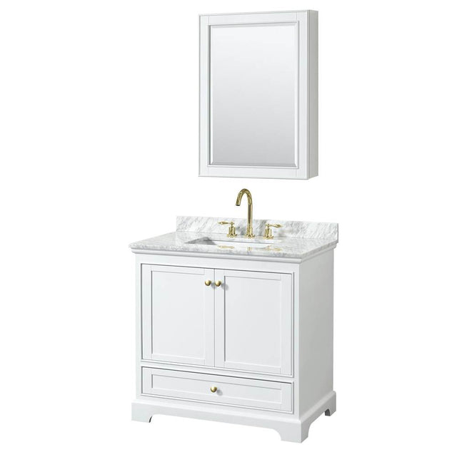 Wyndham Collection - Deborah 36 Inch Single Bathroom Vanity in White, White Carrara Marble Countertop, Undermount Square Sink, Brushed Gold Trim, Medicine Cabinet