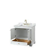 Deborah 36 Inch Single Bathroom Vanity in White, White Carrara Marble Countertop, Undermount Square Sink, Brushed Gold Trim, No Mirror