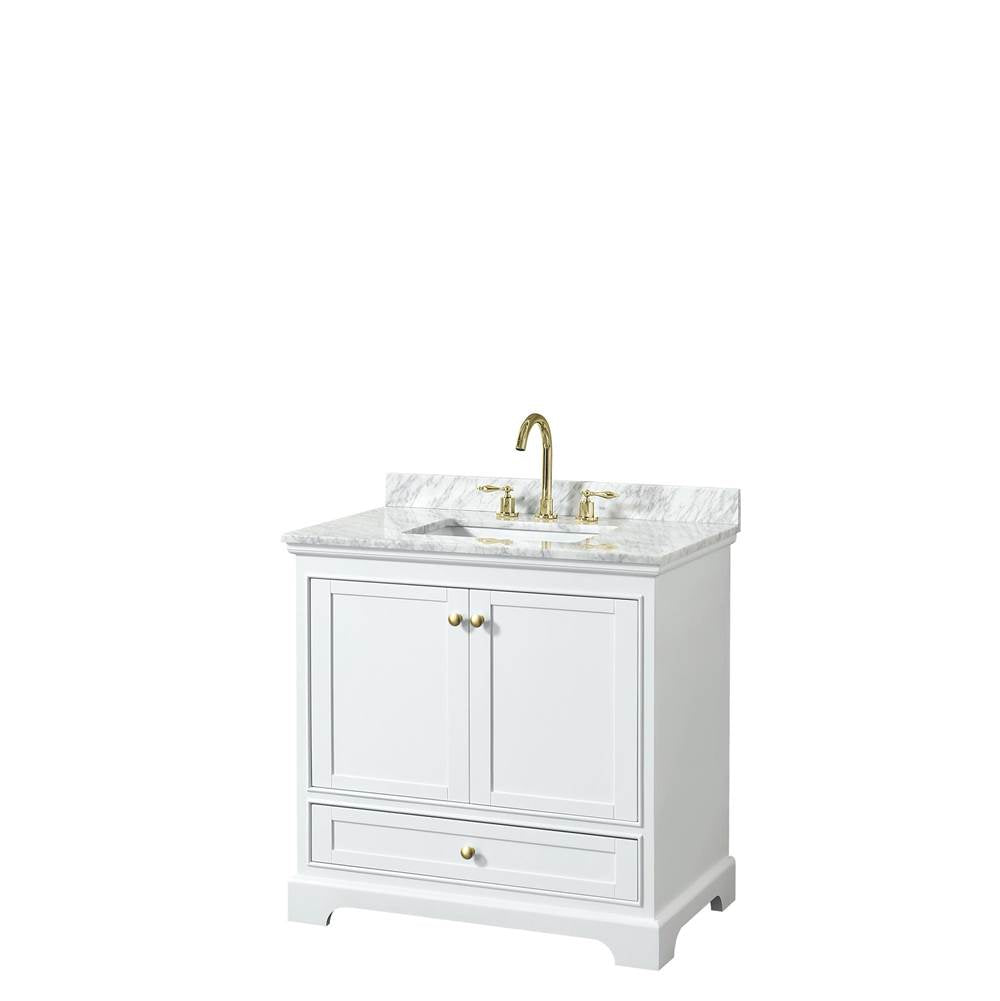 Wyndham Collection - Deborah 36 Inch Single Bathroom Vanity in White, White Carrara Marble Countertop, Undermount Square Sink, Brushed Gold Trim, No Mirror