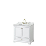 Wyndham Collection - Deborah 36 Inch Single Bathroom Vanity in White, White Carrara Marble Countertop, Undermount Square Sink, Brushed Gold Trim, No Mirror