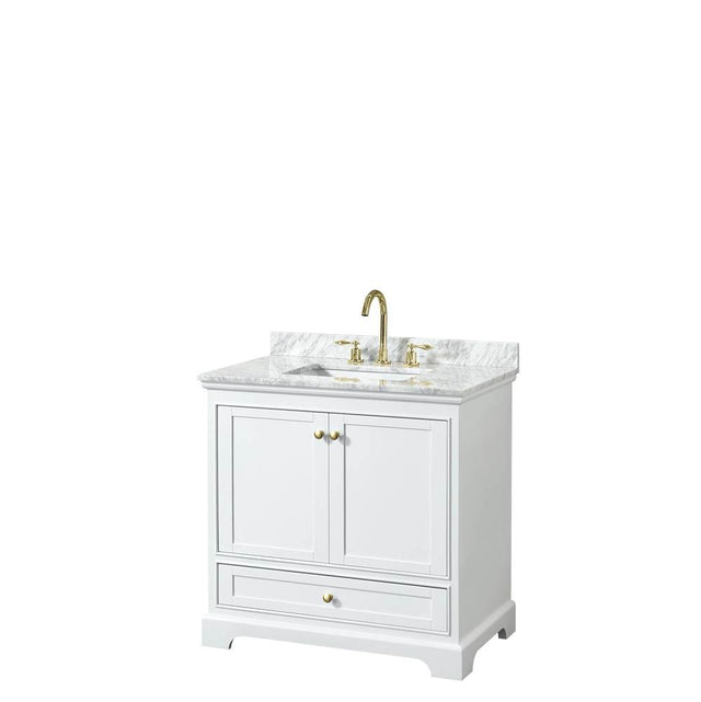 Wyndham Collection - Deborah 36 Inch Single Bathroom Vanity in White, White Carrara Marble Countertop, Undermount Square Sink, Brushed Gold Trim, No Mirror