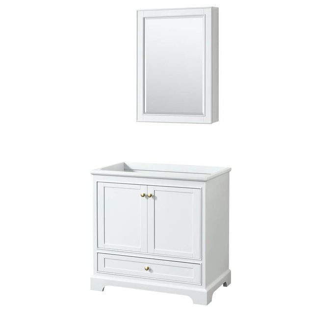 Wyndham Collection - Deborah 36 Inch Single Bathroom Vanity in White, No Countertop, No Sink, Brushed Gold Trim, Medicine Cabinet