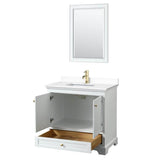 Deborah 36 Inch Single Bathroom Vanity in White, White Cultured Marble Countertop, Undermount Square Sink, Brushed Gold Trim, 24 Inch Mirror