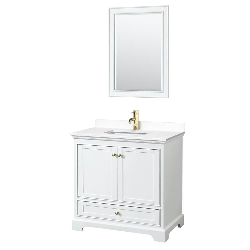 Wyndham Collection - Deborah 36 Inch Single Bathroom Vanity in White, White Cultured Marble Countertop, Undermount Square Sink, Brushed Gold Trim, 24 Inch Mirror