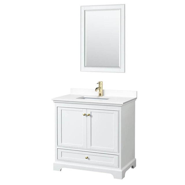 Wyndham Collection - Deborah 36 Inch Single Bathroom Vanity in White, White Cultured Marble Countertop, Undermount Square Sink, Brushed Gold Trim, 24 Inch Mirror