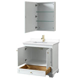 Deborah 36 Inch Single Bathroom Vanity in White, White Cultured Marble Countertop, Undermount Square Sink, Brushed Gold Trim, Medicine Cabinet