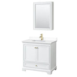 Wyndham Collection - Deborah 36 Inch Single Bathroom Vanity in White, White Cultured Marble Countertop, Undermount Square Sink, Brushed Gold Trim, Medicine Cabinet