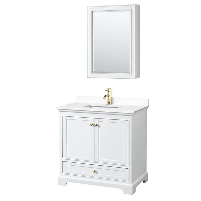 Wyndham Collection - Deborah 36 Inch Single Bathroom Vanity in White, White Cultured Marble Countertop, Undermount Square Sink, Brushed Gold Trim, Medicine Cabinet