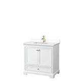 Wyndham Collection - Deborah 36 Inch Single Bathroom Vanity in White, White Cultured Marble Countertop, Undermount Square Sink, Brushed Gold Trim, No Mirror