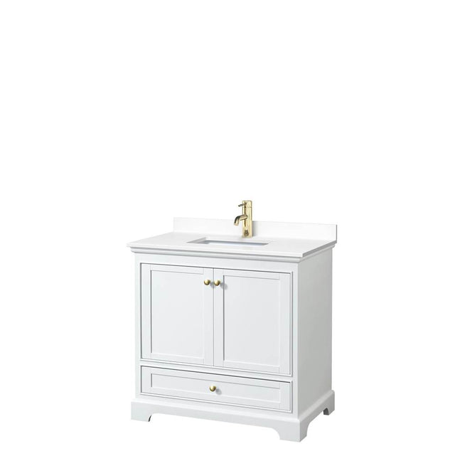 Wyndham Collection - Deborah 36 Inch Single Bathroom Vanity in White, White Cultured Marble Countertop, Undermount Square Sink, Brushed Gold Trim, No Mirror