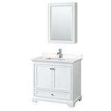 Wyndham Collection - Deborah 36 Inch Single Bathroom Vanity in White, Carrara Cultured Marble Countertop, Undermount Square Sink, Medicine Cabinet
