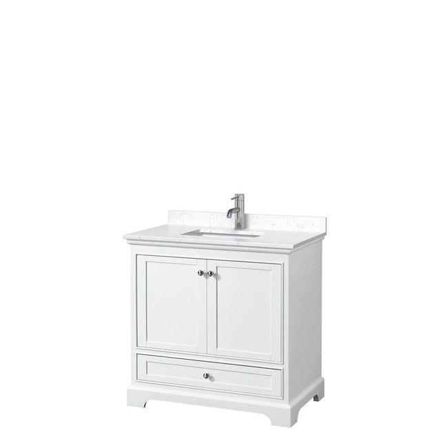 Wyndham Collection - Deborah 36 Inch Single Bathroom Vanity in White, Carrara Cultured Marble Countertop, Undermount Square Sink, No Mirror