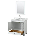 Deborah 36 Inch Single Bathroom Vanity in Dark Espresso, White Carrara Marble Countertop, Undermount Oval Sink, and 24 Inch Mirror