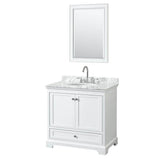 Wyndham Collection - Deborah 36 Inch Single Bathroom Vanity in White, White Carrara Marble Countertop, Undermount Oval Sink, and 24 Inch Mirror - White