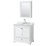 Wyndham Collection - Deborah 36 Inch Single Bathroom Vanity in White, White Carrara Marble Countertop, Undermount Oval Sink, and Medicine Cabinet - White