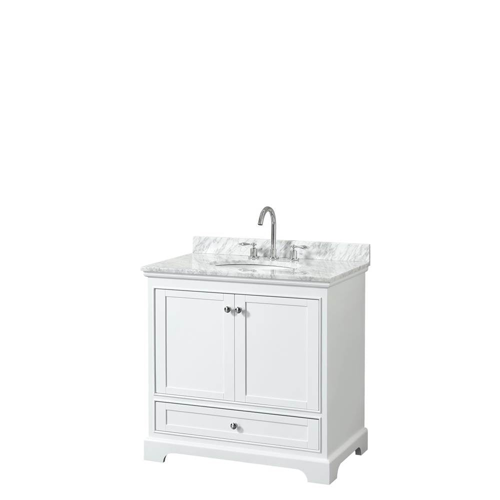 Wyndham Collection - Deborah 36 Inch Single Bathroom Vanity in White, White Carrara Marble Countertop, Undermount Oval Sink, and No Mirror - White