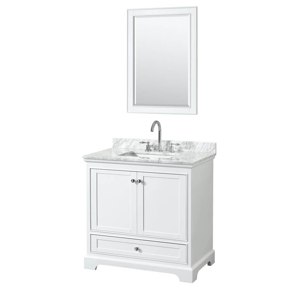 Wyndham Collection - Deborah 36 Inch Single Bathroom Vanity in White, White Carrara Marble Countertop, Undermount Square Sink, and 24 Inch Mirror - White