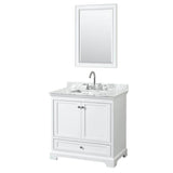 Wyndham Collection - Deborah 36 Inch Single Bathroom Vanity in White, White Carrara Marble Countertop, Undermount Square Sink, and 24 Inch Mirror - White