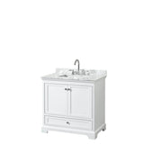 Wyndham Collection - Deborah 36 Inch Single Bathroom Vanity in White, White Carrara Marble Countertop, Undermount Square Sink, and No Mirror - White