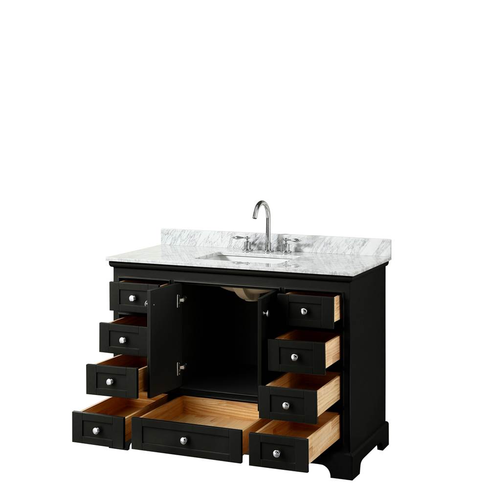 Deborah 48 Inch Single Bathroom Vanity in Dark Espresso, White Carrara Marble Countertop, Undermount Square Sink, and No Mirror