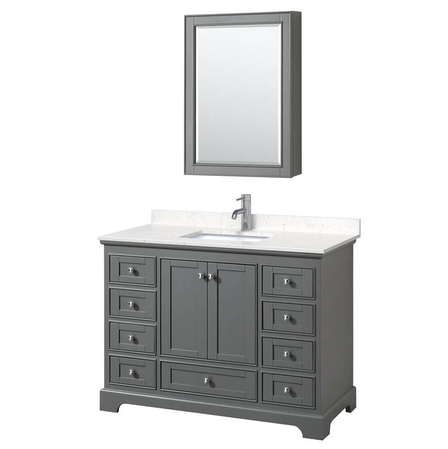 Wyndham Collection - Deborah 48 Inch Single Bathroom Vanity in Dark Gray, Carrara Cultured Marble Countertop, Undermount Square Sink, Medicine Cabinet