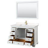 Deborah 48 Inch Single Bathroom Vanity in White, Carrara Cultured Marble Countertop, Undermount Square Sink, Brushed Gold Trim, 46 Inch Mirror