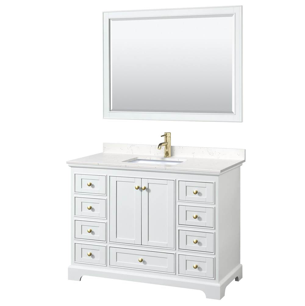 Wyndham Collection - Deborah 48 Inch Single Bathroom Vanity in White, Carrara Cultured Marble Countertop, Undermount Square Sink, Brushed Gold Trim, 46 Inch Mirror