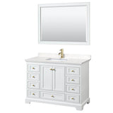 Wyndham Collection - Deborah 48 Inch Single Bathroom Vanity in White, Carrara Cultured Marble Countertop, Undermount Square Sink, Brushed Gold Trim, 46 Inch Mirror