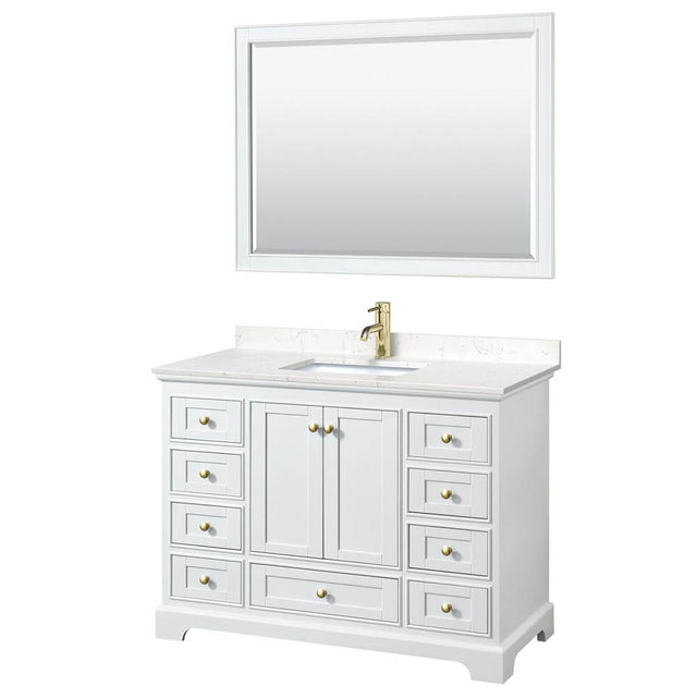 Wyndham Collection - Deborah 48 Inch Single Bathroom Vanity in White, Carrara Cultured Marble Countertop, Undermount Square Sink, Brushed Gold Trim, 46 Inch Mirror