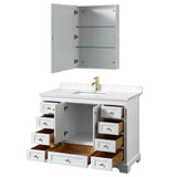 Deborah 48 Inch Single Bathroom Vanity in White, Carrara Cultured Marble Countertop, Undermount Square Sink, Brushed Gold Trim, Medicine Cabinet