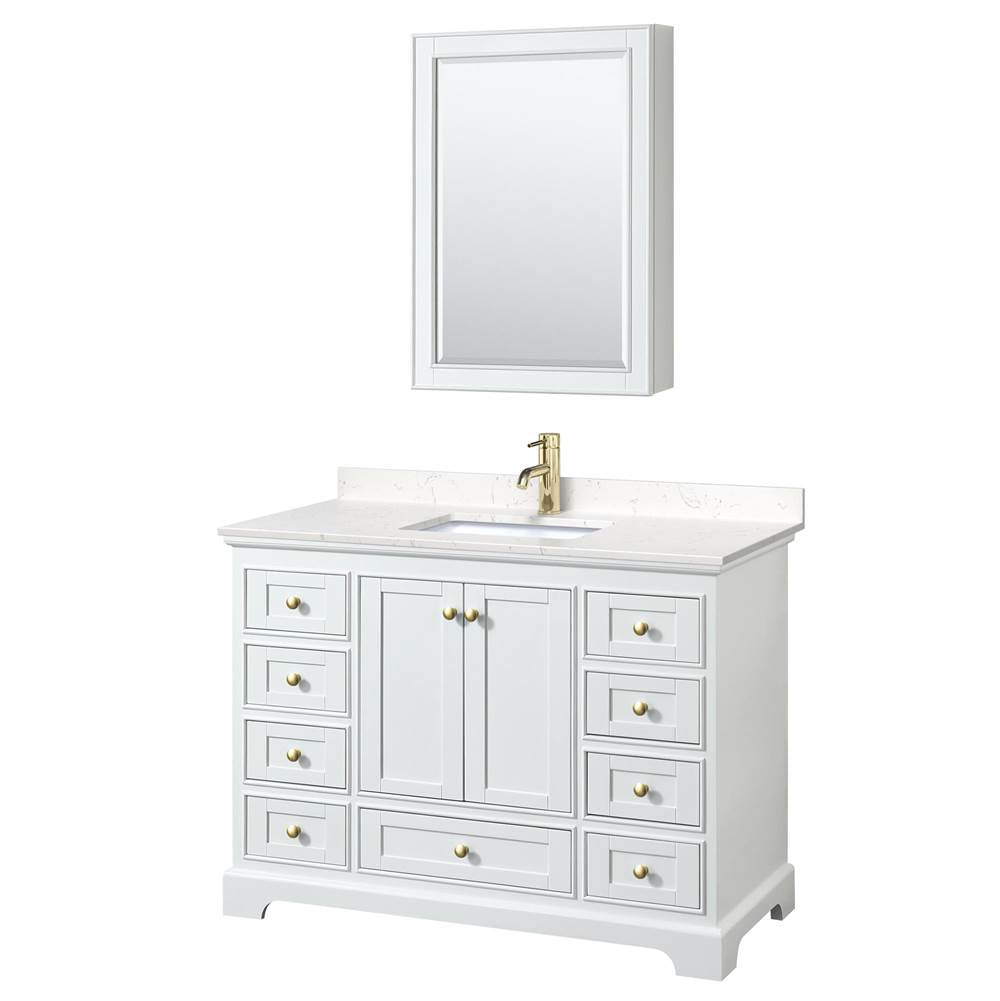 Wyndham Collection - Deborah 48 Inch Single Bathroom Vanity in White, Carrara Cultured Marble Countertop, Undermount Square Sink, Brushed Gold Trim, Medicine Cabinet
