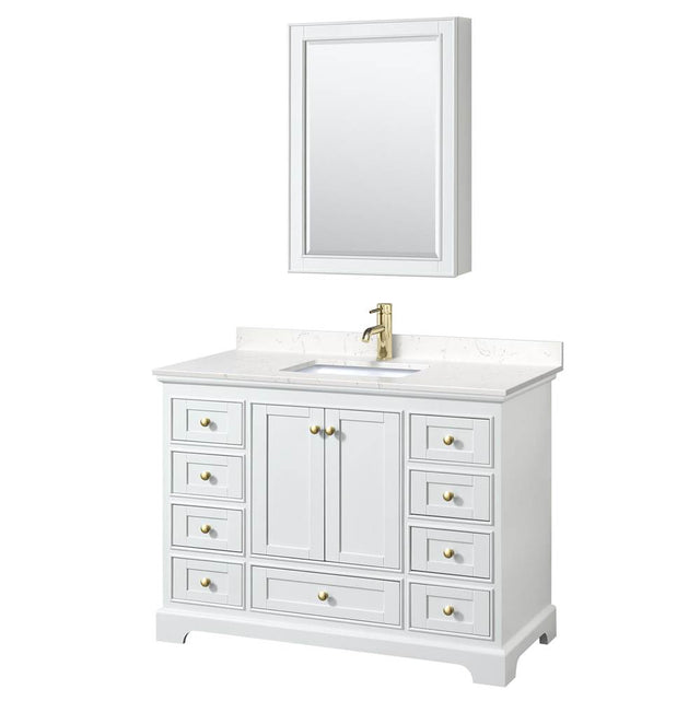 Wyndham Collection - Deborah 48 Inch Single Bathroom Vanity in White, Carrara Cultured Marble Countertop, Undermount Square Sink, Brushed Gold Trim, Medicine Cabinet