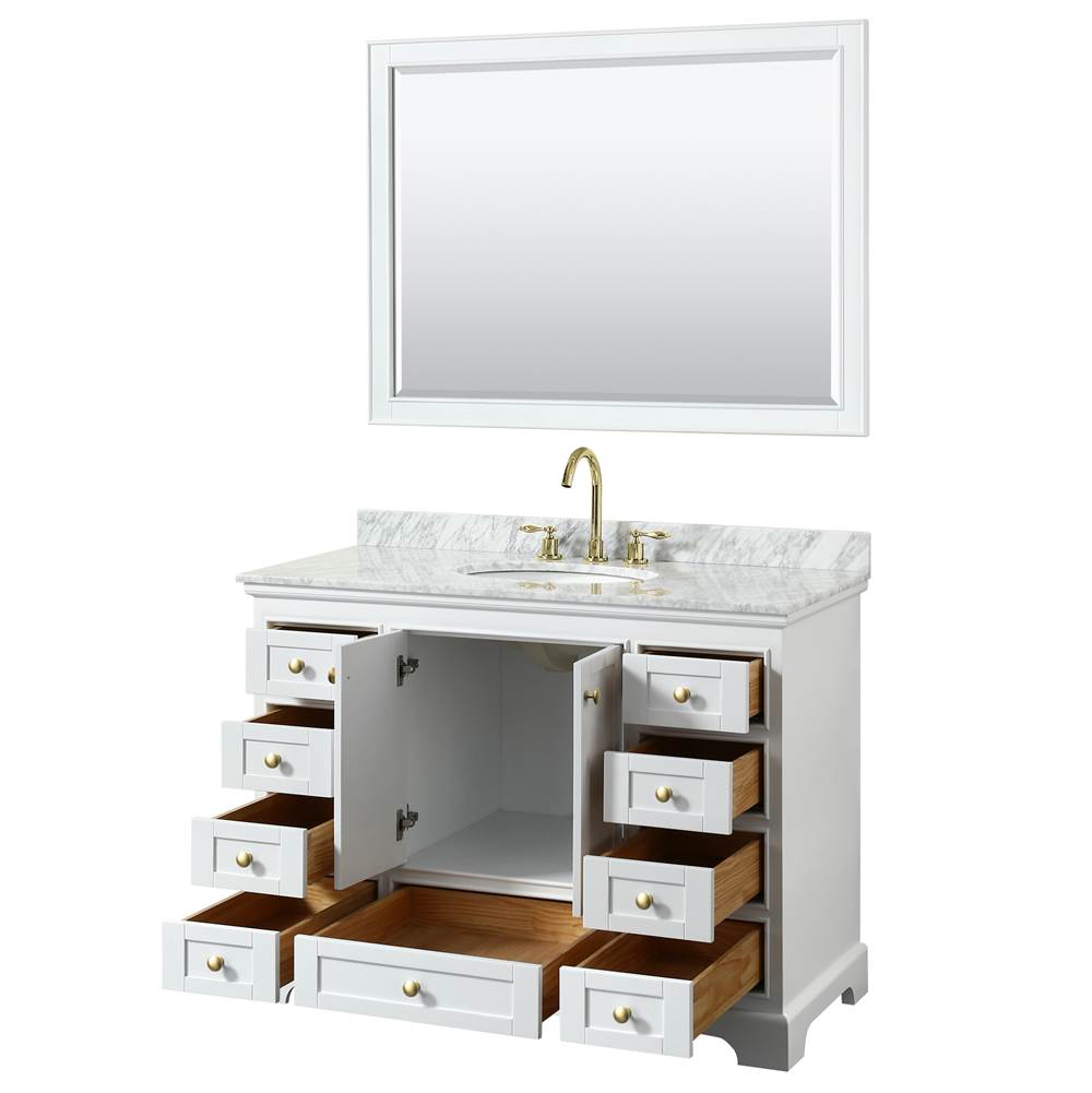 Deborah 48 Inch Single Bathroom Vanity in White, White Carrara Marble Countertop, Undermount Oval Sink, Brushed Gold Trim, 46 Inch Mirror
