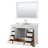 Deborah 48 Inch Single Bathroom Vanity in White, White Carrara Marble Countertop, Undermount Oval Sink, Brushed Gold Trim, 46 Inch Mirror