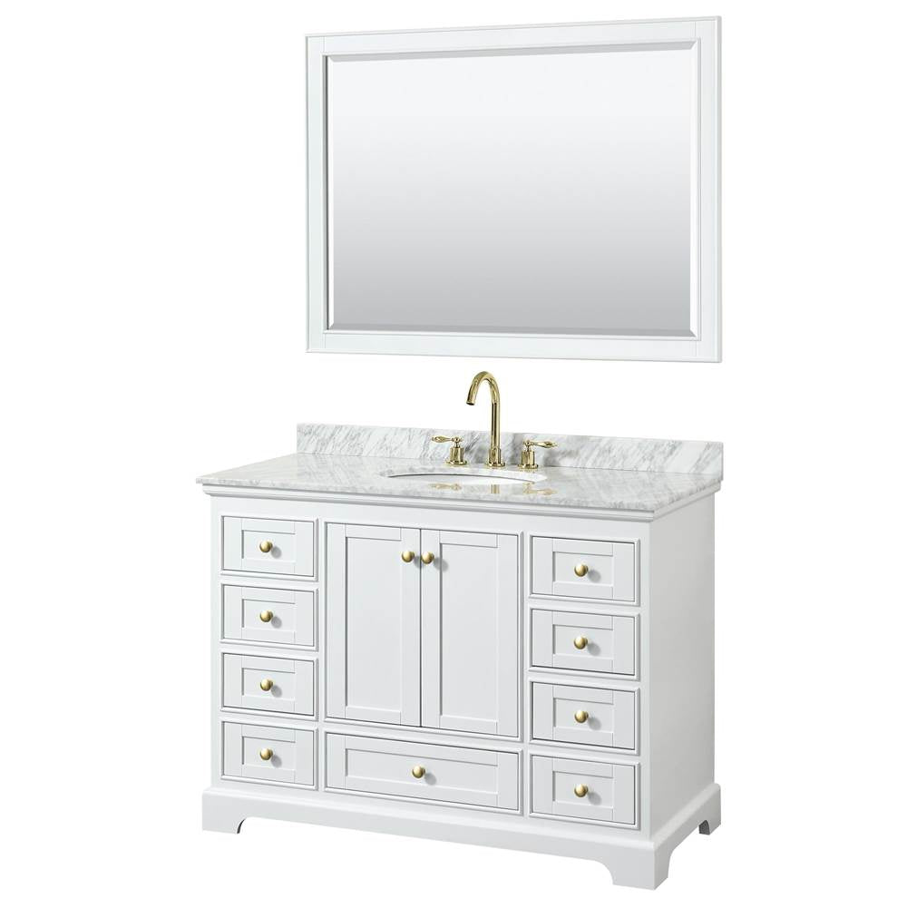 Wyndham Collection - Deborah 48 Inch Single Bathroom Vanity in White, White Carrara Marble Countertop, Undermount Oval Sink, Brushed Gold Trim, 46 Inch Mirror