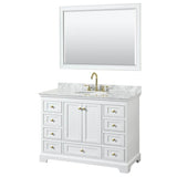 Wyndham Collection - Deborah 48 Inch Single Bathroom Vanity in White, White Carrara Marble Countertop, Undermount Oval Sink, Brushed Gold Trim, 46 Inch Mirror