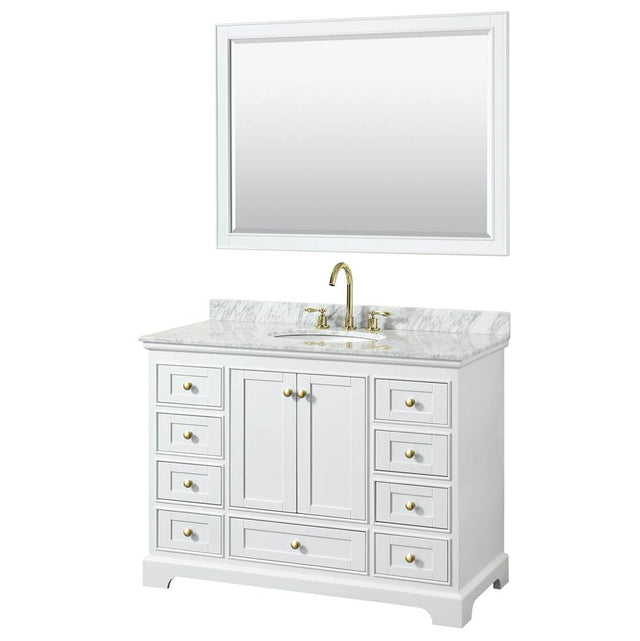 Wyndham Collection - Deborah 48 Inch Single Bathroom Vanity in White, White Carrara Marble Countertop, Undermount Oval Sink, Brushed Gold Trim, 46 Inch Mirror