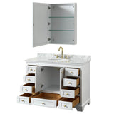 Deborah 48 Inch Single Bathroom Vanity in White, White Carrara Marble Countertop, Undermount Oval Sink, Brushed Gold Trim, Medicine Cabinet