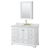Wyndham Collection - Deborah 48 Inch Single Bathroom Vanity in White, White Carrara Marble Countertop, Undermount Oval Sink, Brushed Gold Trim, Medicine Cabinet