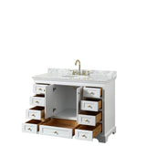 Deborah 48 Inch Single Bathroom Vanity in White, White Carrara Marble Countertop, Undermount Oval Sink, Brushed Gold Trim, No Mirror
