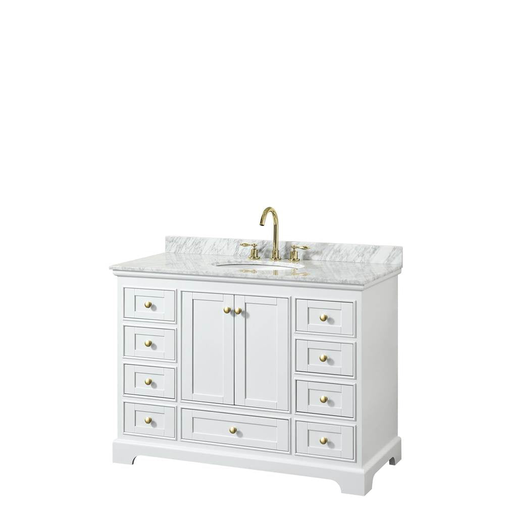 Wyndham Collection - Deborah 48 Inch Single Bathroom Vanity in White, White Carrara Marble Countertop, Undermount Oval Sink, Brushed Gold Trim, No Mirror