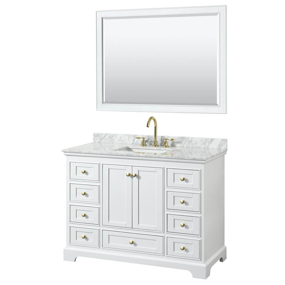 Wyndham Collection - Deborah 48 Inch Single Bathroom Vanity in White, White Carrara Marble Countertop, Undermount Square Sink, Brushed Gold Trim, 46 Inch Mirror
