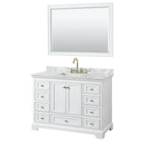 Wyndham Collection - Deborah 48 Inch Single Bathroom Vanity in White, White Carrara Marble Countertop, Undermount Square Sink, Brushed Gold Trim, 46 Inch Mirror
