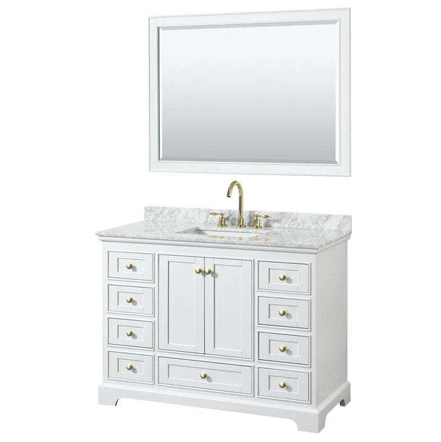 Wyndham Collection - Deborah 48 Inch Single Bathroom Vanity in White, White Carrara Marble Countertop, Undermount Square Sink, Brushed Gold Trim, 46 Inch Mirror