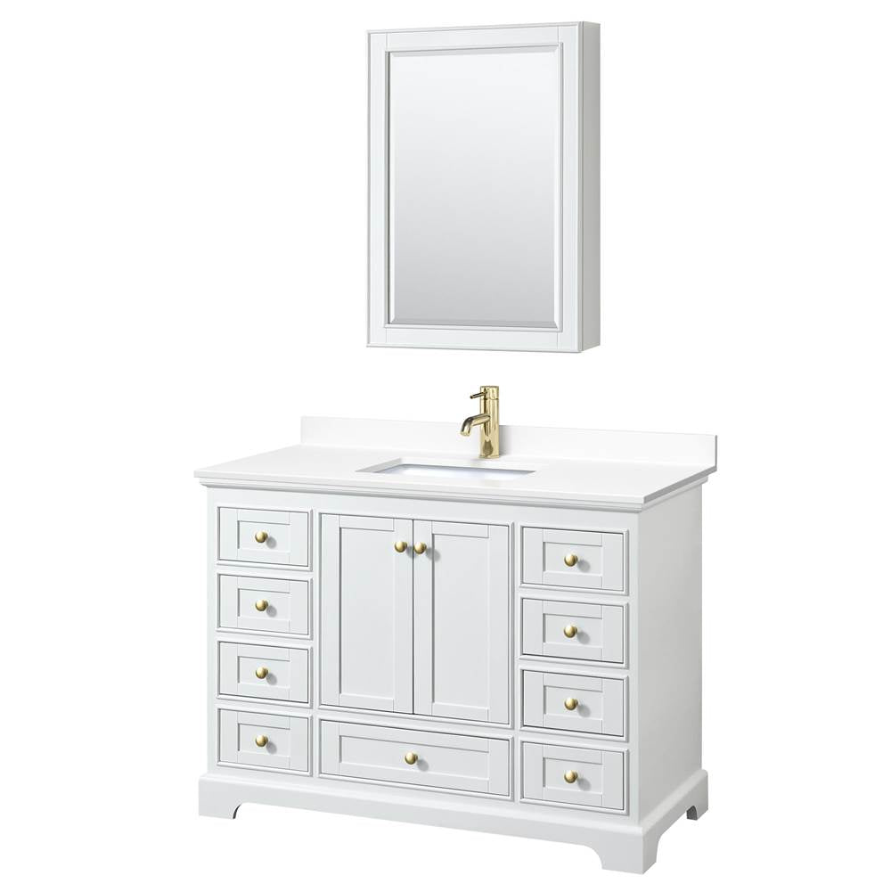 Wyndham Collection - Deborah 48 Inch Single Bathroom Vanity in White, White Cultured Marble Countertop, Undermount Square Sink, Brushed Gold Trim, Medicine Cabinet