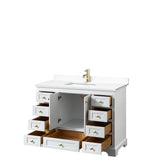 Deborah 48 Inch Single Bathroom Vanity in White, White Cultured Marble Countertop, Undermount Square Sink, Brushed Gold Trim, No Mirror