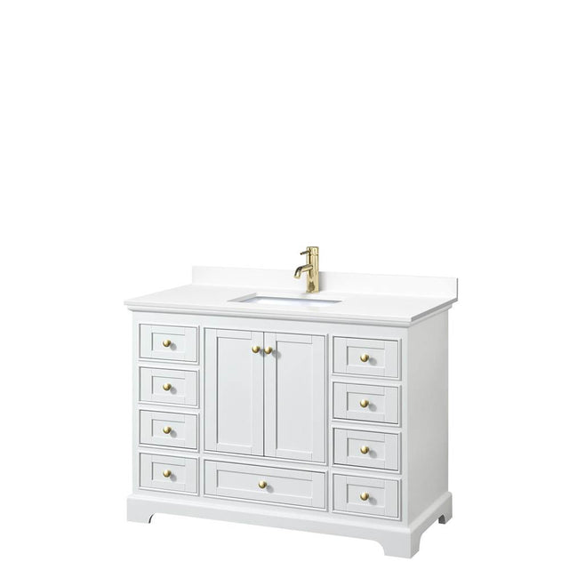 Wyndham Collection - Deborah 48 Inch Single Bathroom Vanity in White, White Cultured Marble Countertop, Undermount Square Sink, Brushed Gold Trim, No Mirror