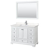 Wyndham Collection - Deborah 48 Inch Single Bathroom Vanity in White, Carrara Cultured Marble Countertop, Undermount Square Sink, 46 Inch Mirror